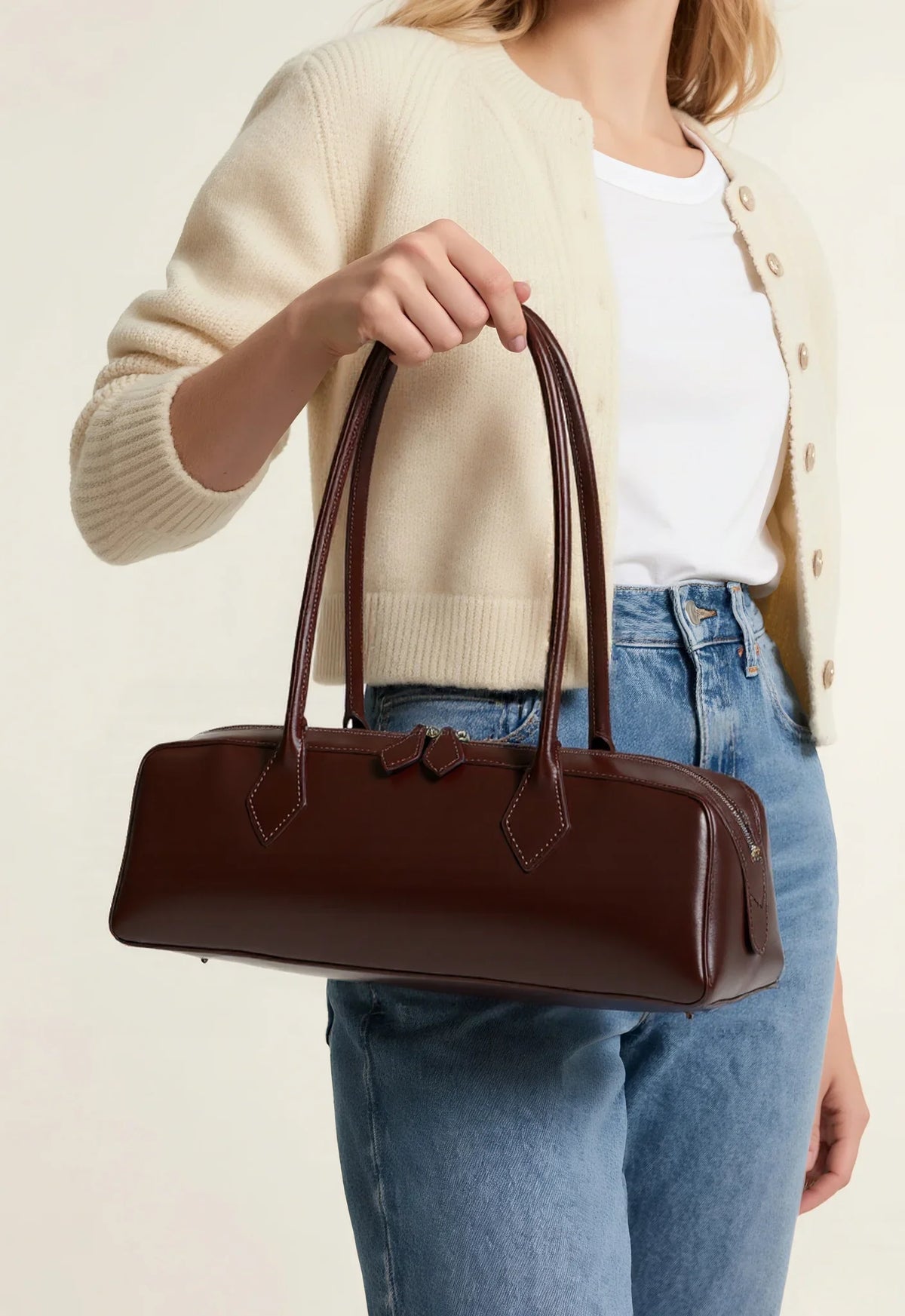 Shoulder Bag, Elegant Leather Handbag, Minimalist Long Handle Purse, Structured Top Handle Bag for Work, Travel & Everyday Use