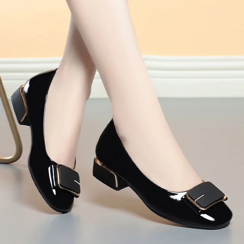 Buckle Low Heel Pumps | Square Toe Dress Shoes | Elegant Slip On Block Heel Shoes for Women