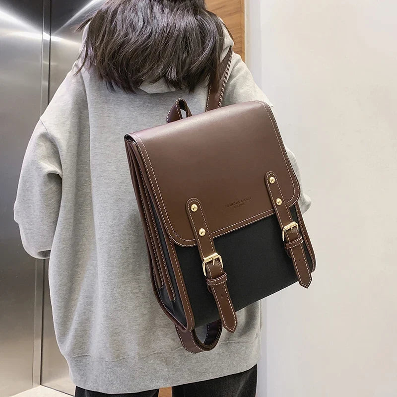 Vintage Satchel Backpack, Structured Leather-Look School Bag, Mini Flap Backpack with Adjustable Straps & Buckle Details for College & Travel