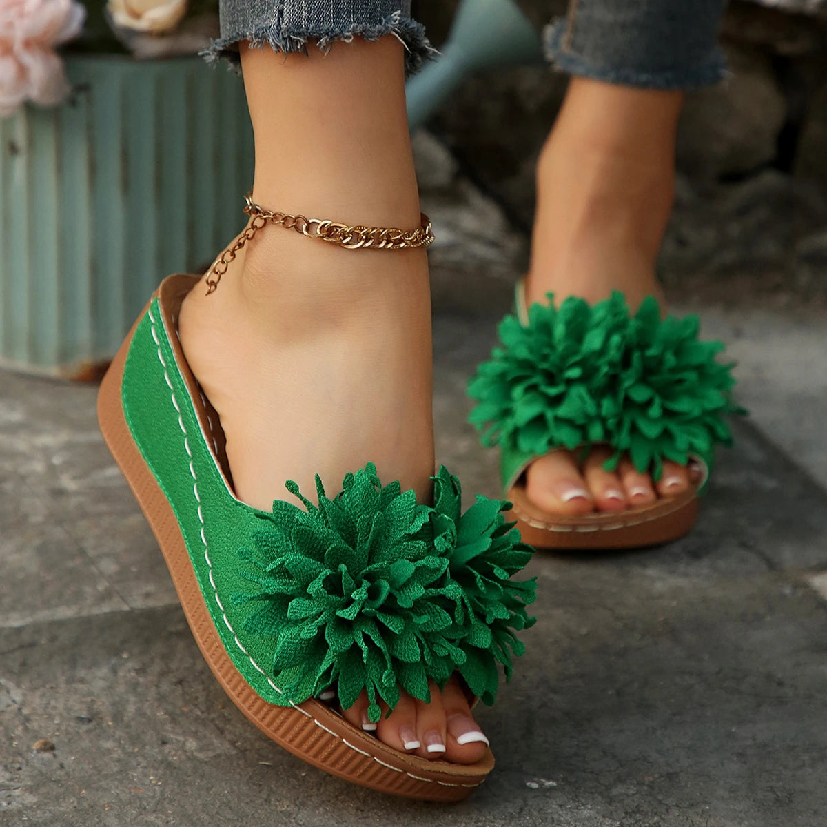 Floral Platform Sandals | Flower Embellished Wedge Slides | Open Toe Summer Vacation Shoes