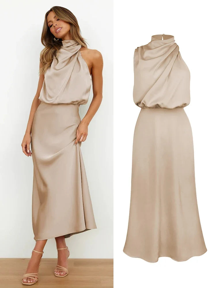 Cowl Neck Maxi Dress – Draped Halter Evening Gown with Open Back and Flowing Floor-Length Silhouette for Weddings & Formal Events