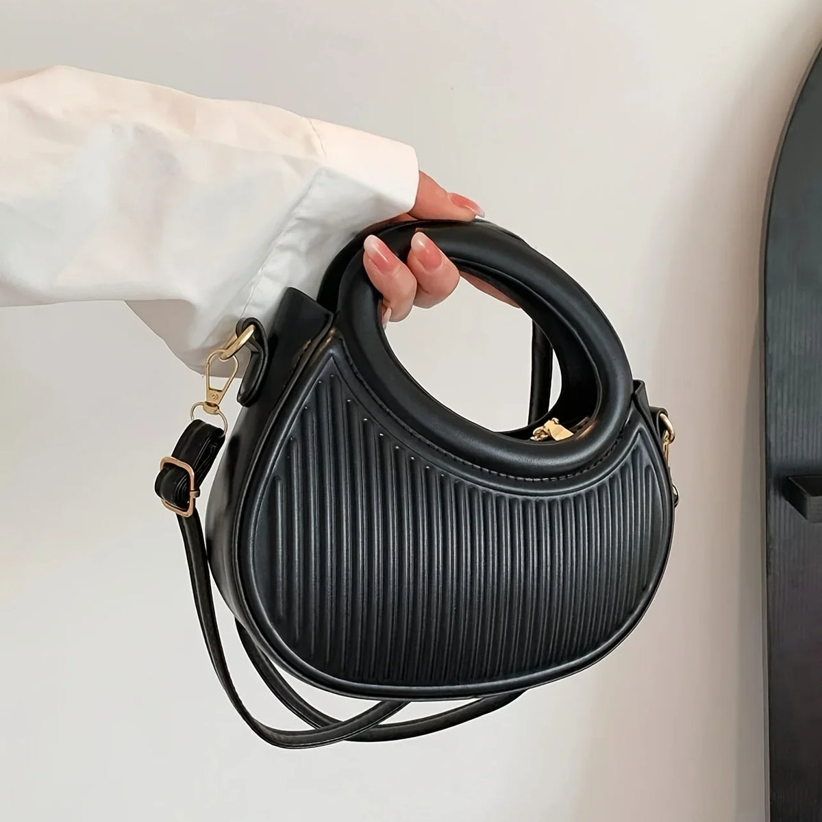 Ribbed Hobo Handbag, Stylish Top Handle Shoulder Purse with Adjustable Crossbody Strap, Curved Structured Satchel for Casual & Everyday Use