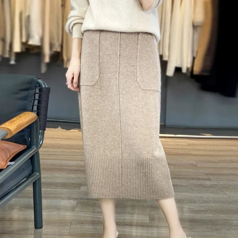 High Waisted Knit Midi Skirt Ribbed Pencil Skirt Straight Fit Long Skirt Front Pocket Detail Casual Office Workwear