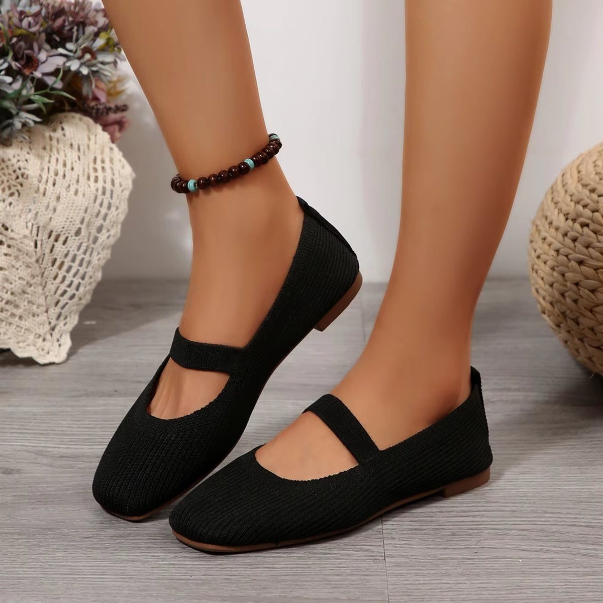 Mary Jane Knit Flats | Round Toe Ballet Shoes | Textured Slip-On Strap Flats for Everyday Wear