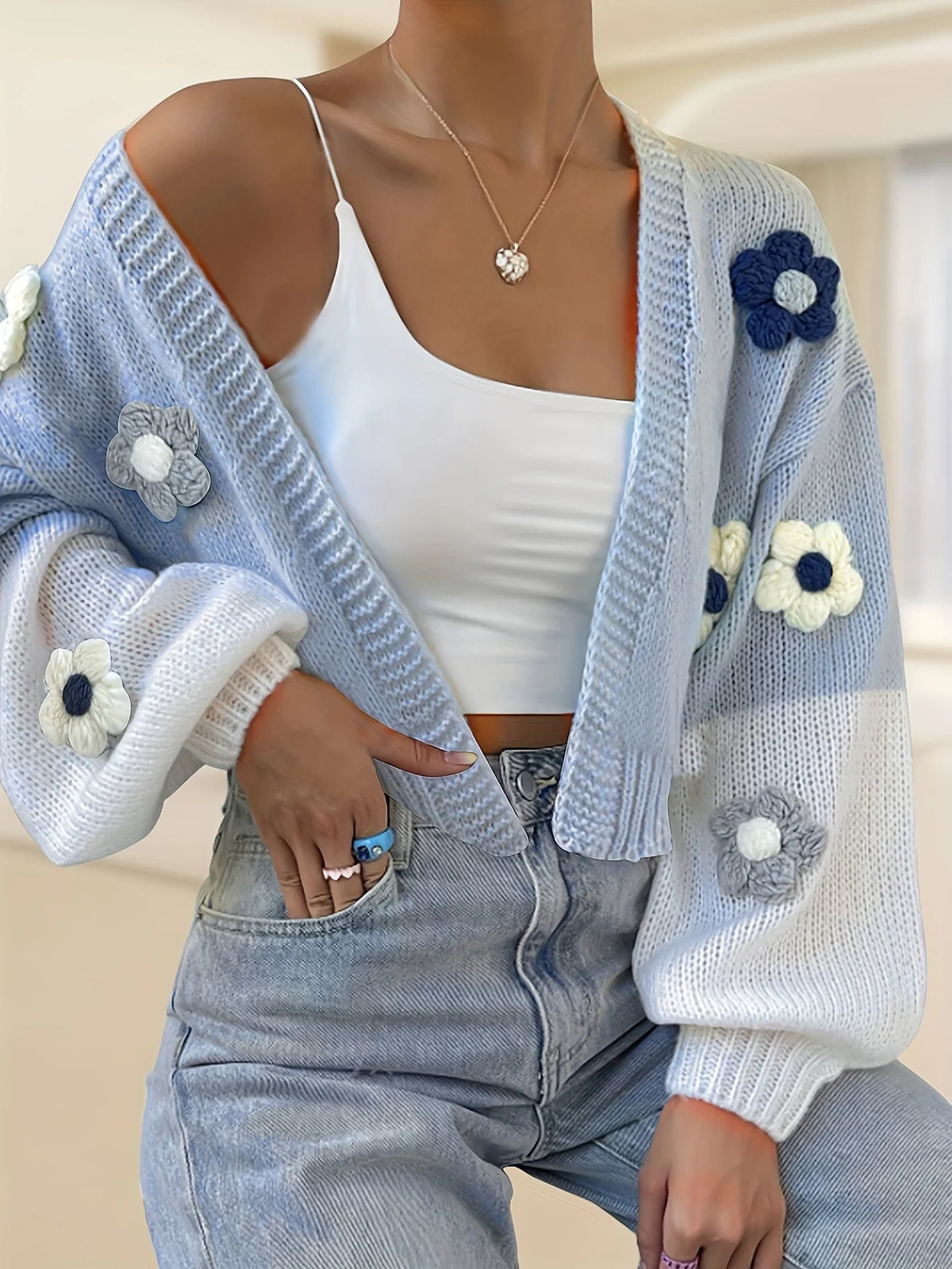 Floral Knit Cardigan, Cropped Open Front Sweater with 3D Flower Appliqués and Balloon Sleeves, Cute Boho Spring Knitwear