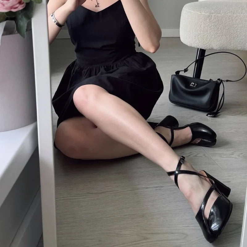Patent Mary Jane Flats | Glossy Slingback Shoes | Square Toe Low Heel Dress Flats
