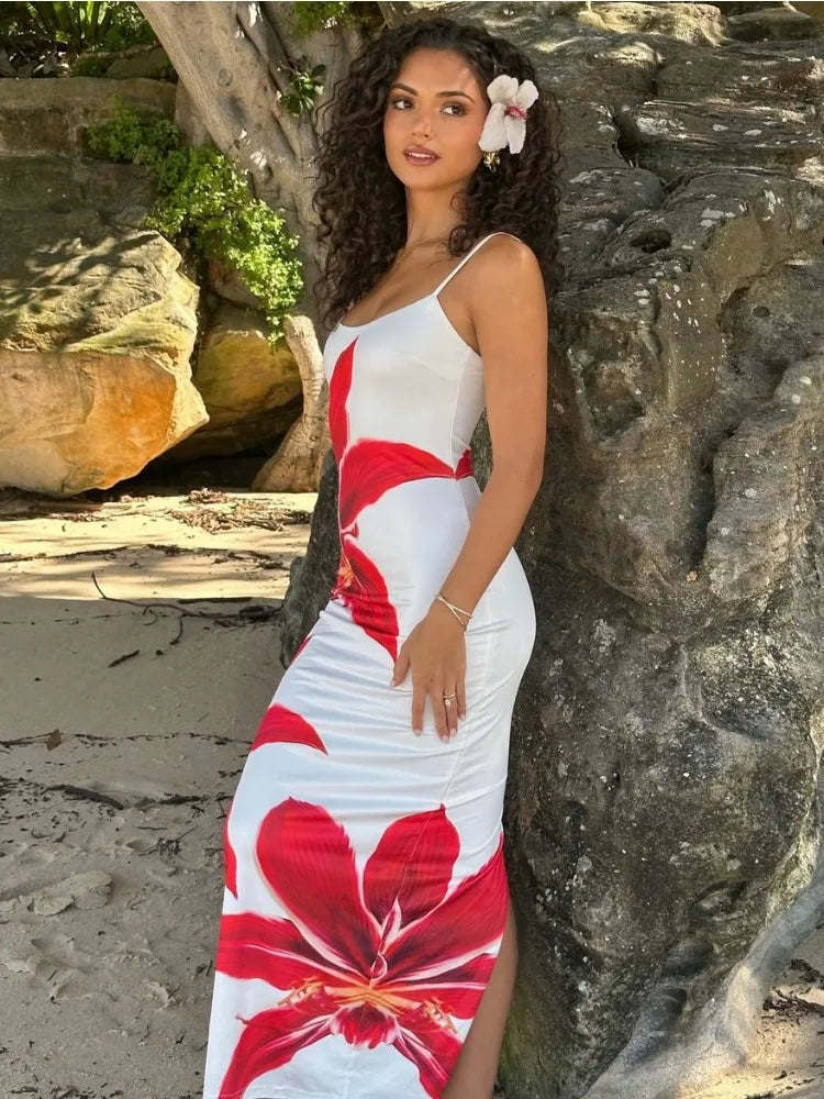 Floral Maxi Dress – Spaghetti Strap Bodycon Dress with Square Neck, Abstract Botanical Print and Figure-Hugging Silhouette for Beach Vacations