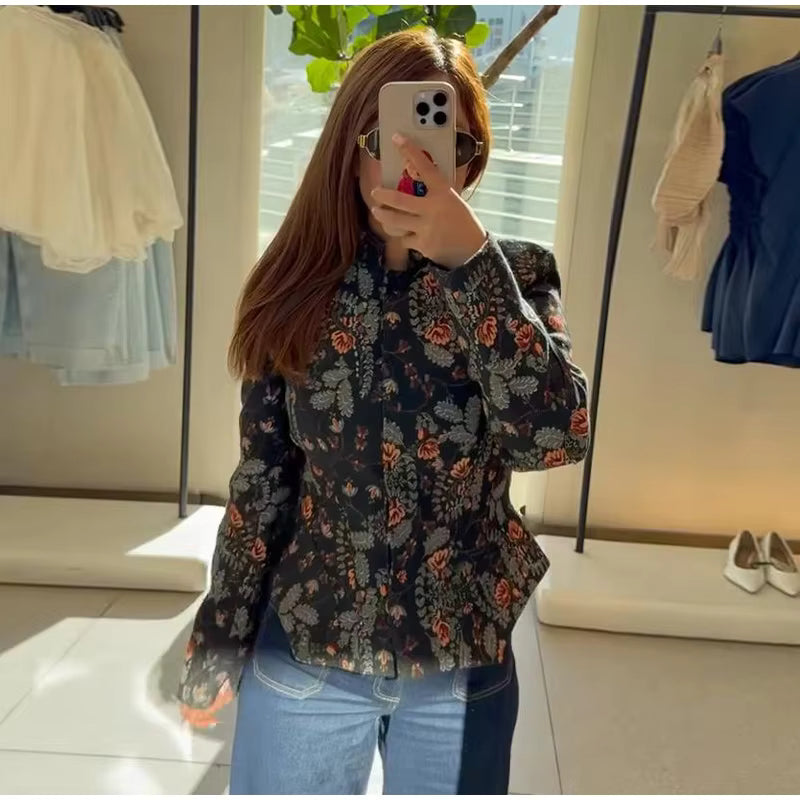 Floral Print Zip-Up Jacket, Stand Collar Lightweight Jacket with Long Sleeves and Vintage Botanical Pattern, Chic Casual Outerwear