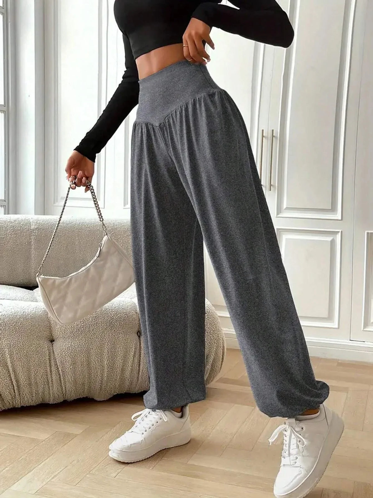 High Waisted Wide Leg Lounge Pants Relaxed Fit Flowing Trousers Elastic Waist Casual Streetwear Jogger Bottoms