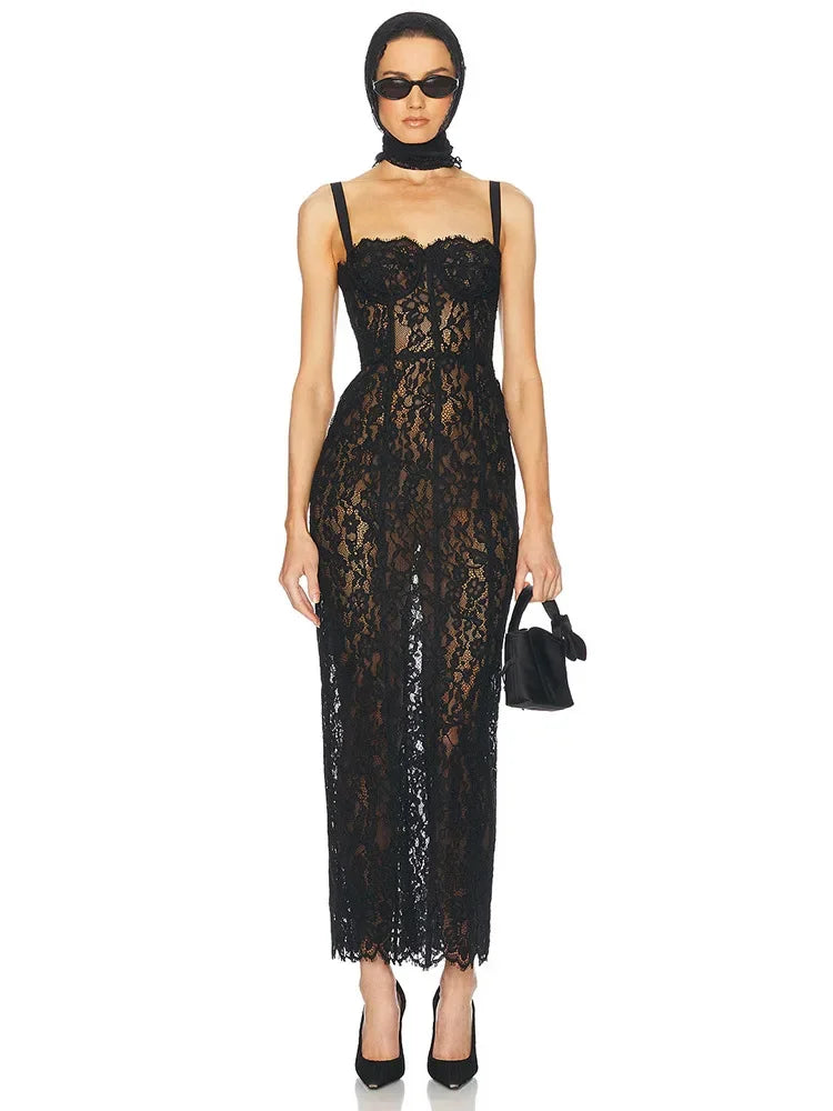 Lace Midi Dress – Spaghetti Strap Dress with Floral Lace Overlay, Fitted Bodice and Straight Midi Silhouette for Parties & Evening Events