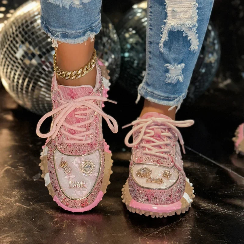 Embroidered orthopaedic Lace-Up Sneakers | Studded Casual Platform Shoes | Vintage Distressed Walking Sneakers