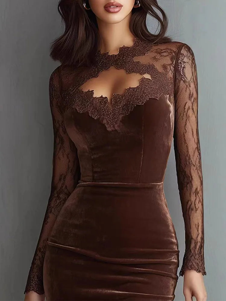 Lace Velvet Midi Dress – Long Sleeve Bodycon Dress with Sheer Lace Neckline, Fitted Waist and Elegant Evening Silhouette