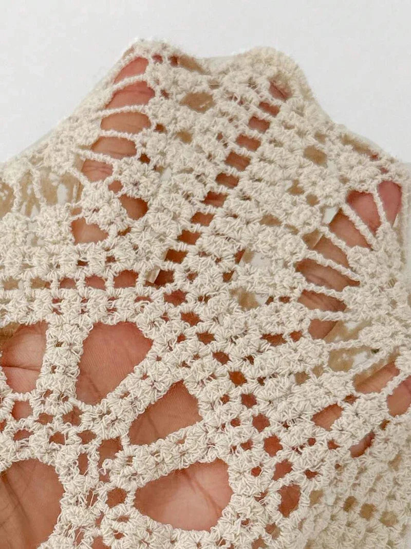 Crochet Midi Dress – Sleeveless Square Neck Knit Dress with Intricate Openwork Pattern, Fitted Waist and Flared Skirt for Beach Vacations