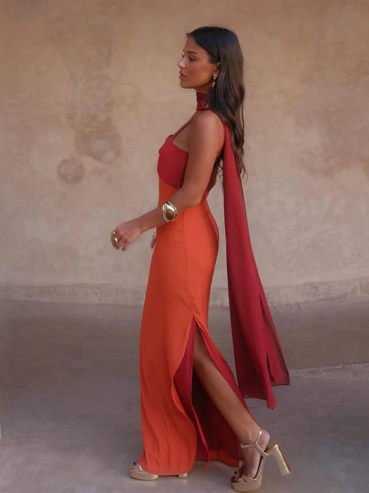 Halter Maxi Dress – Strapless Draped Dress with Open Side Slit, Long Scarf Detail and Flowing Floor-Length Silhouette