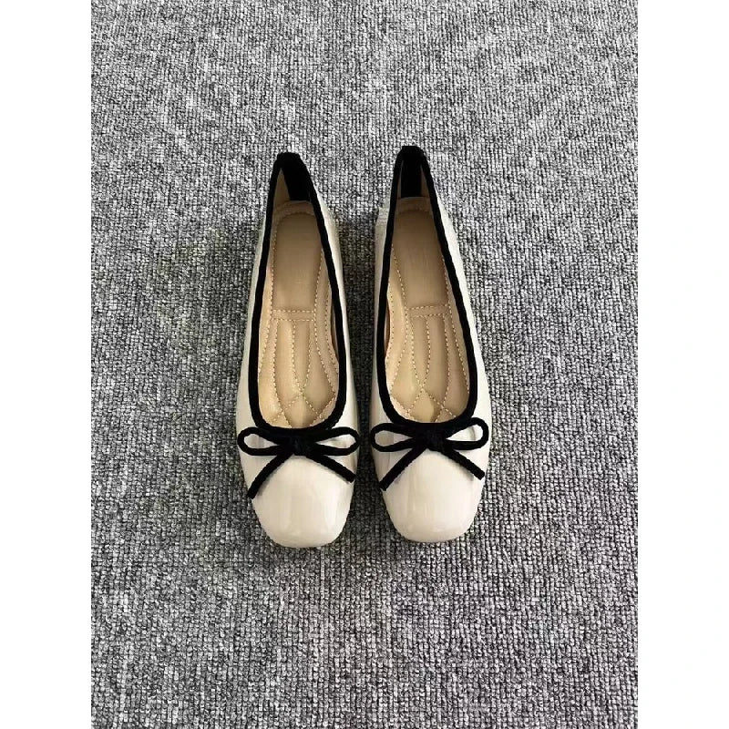 Square Toe Ballet Flats | Patent Bow Flats | Two-Tone Trim Slip-On Shoes for Women