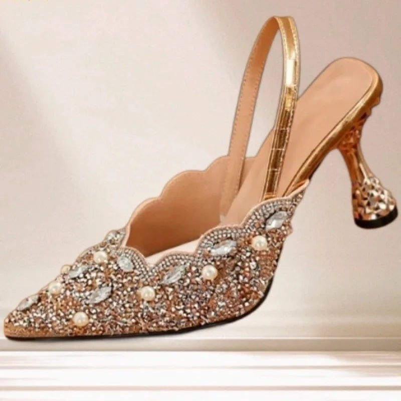 Rhinestone Pointed Toe Heels | Crystal Slingback Pumps | Elegant Low Heel Party Shoes