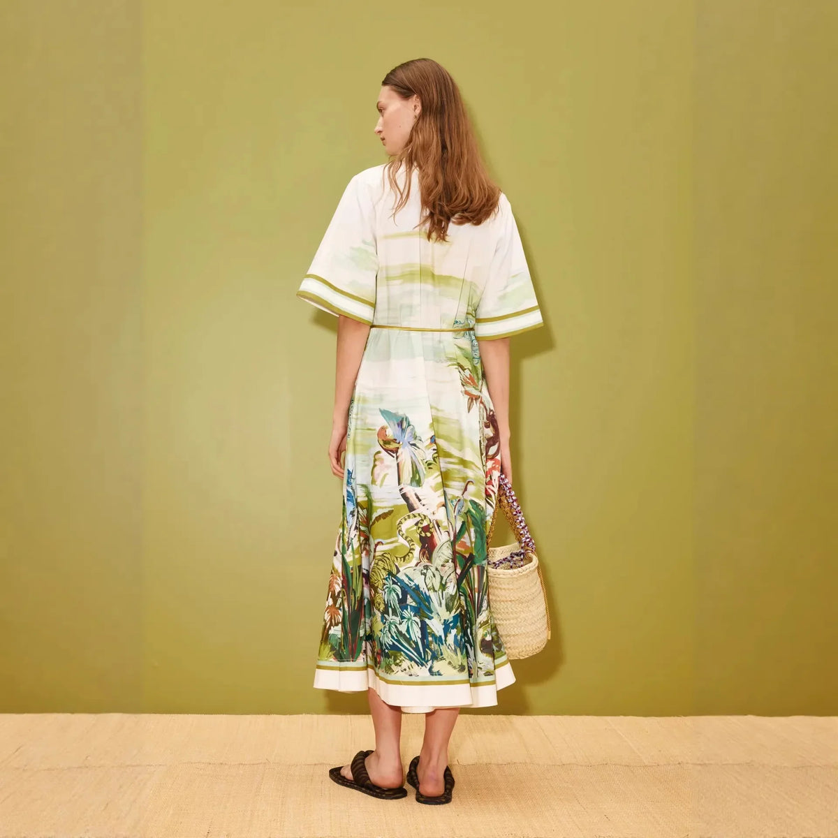 Printed Midi Dress – Collared Short Sleeve Shirt Dress with Button Front, Defined Waist and Flared Skirt for Vacations & Casual Events