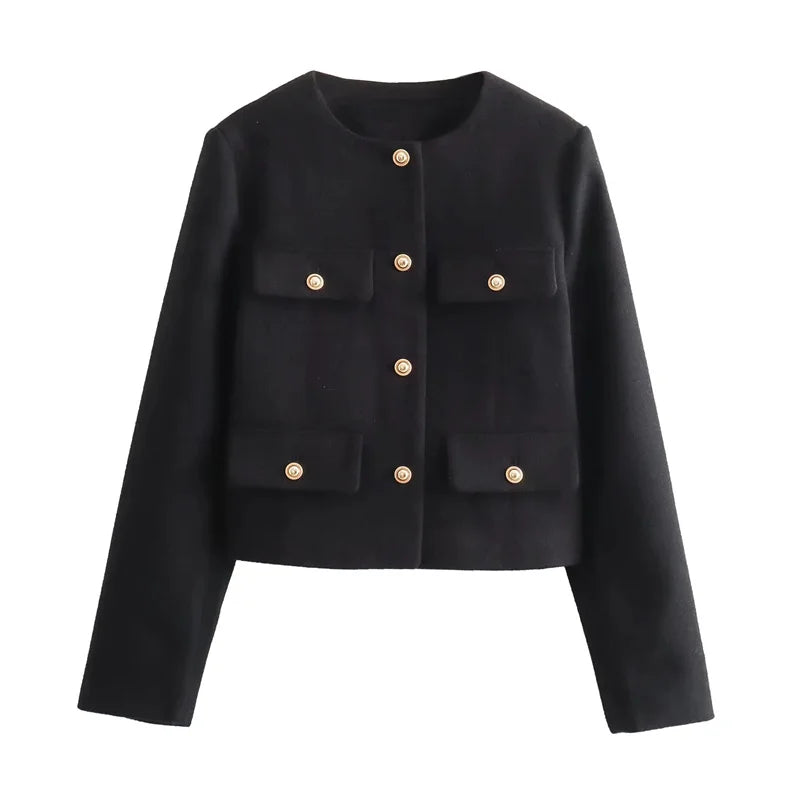 Cropped Utility Jacket with Multiple Patch Pockets, Minimalist Button-Up Collarless Jacket, Tailored Casual Outerwear