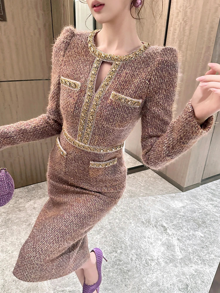 Tweed Midi Dress – Long Sleeve Square Neck Dress with Gold Trim, Fitted Waist and Pencil Skirt for Weddings, Brunch & Formal Events