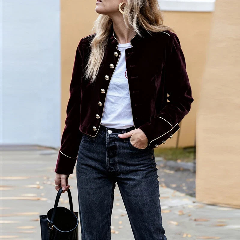 Cropped Velvet Jacket with Gold Button Detail, Tailored Collared Jacket, Fitted Long Sleeve Casual Outerwear