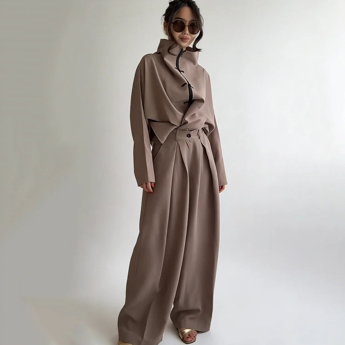 Button Front Collared Top & Wide Leg Pants Co-Ord Set | Long Sleeve Relaxed Two Piece Outfit | Minimalist Casual Lounge Matching Set
