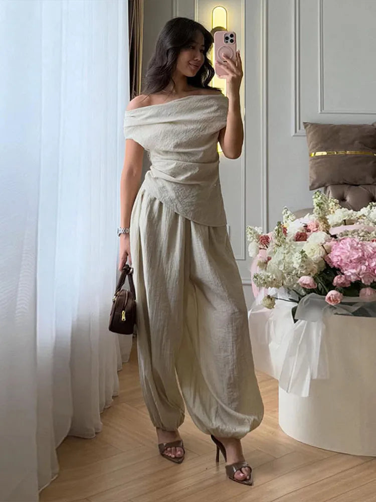 Off Shoulder Draped Top & Wide Leg Pants Co-Ord Set | Elegant Two Piece Flowing Outfit | Chic Vacation, Brunch & Occasion Wear