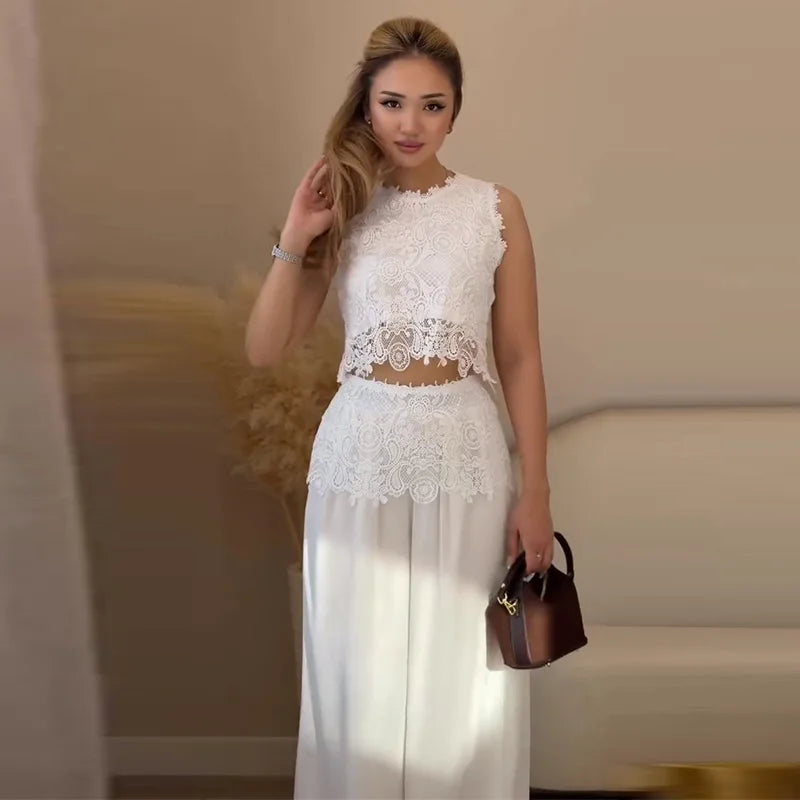 Lace High Neck Top & Wide Leg Pants Co-Ord Set | Sleeveless Two Piece Outfit with Scalloped Detail | Elegant Party & Occasion Wear Matching Set