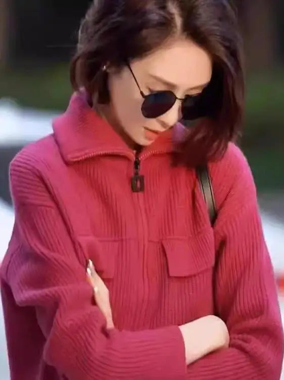 Textured Knit Zip-Up Jacket with Utility Pockets, Collared Sweater Jacket, Relaxed Fit Casual Fall Outerwear