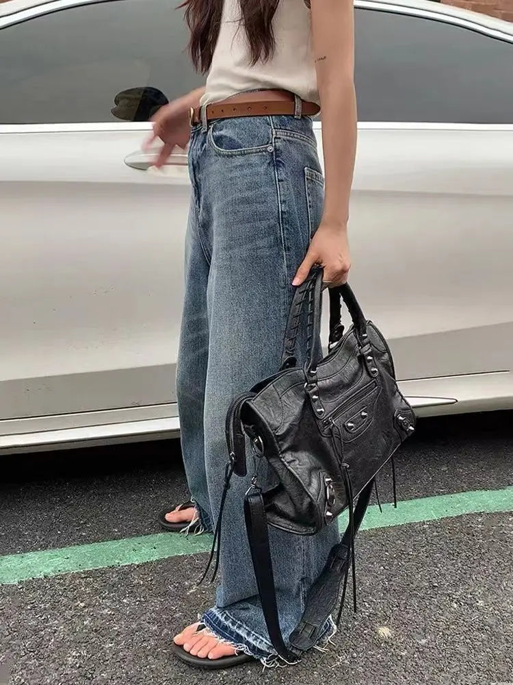 Vintage Motorcycle Style Handbag, Studded Leather-Look Satchel with Multiple Pockets, Top Handle Shoulder & Crossbody Purse for Casual Everyday Use
