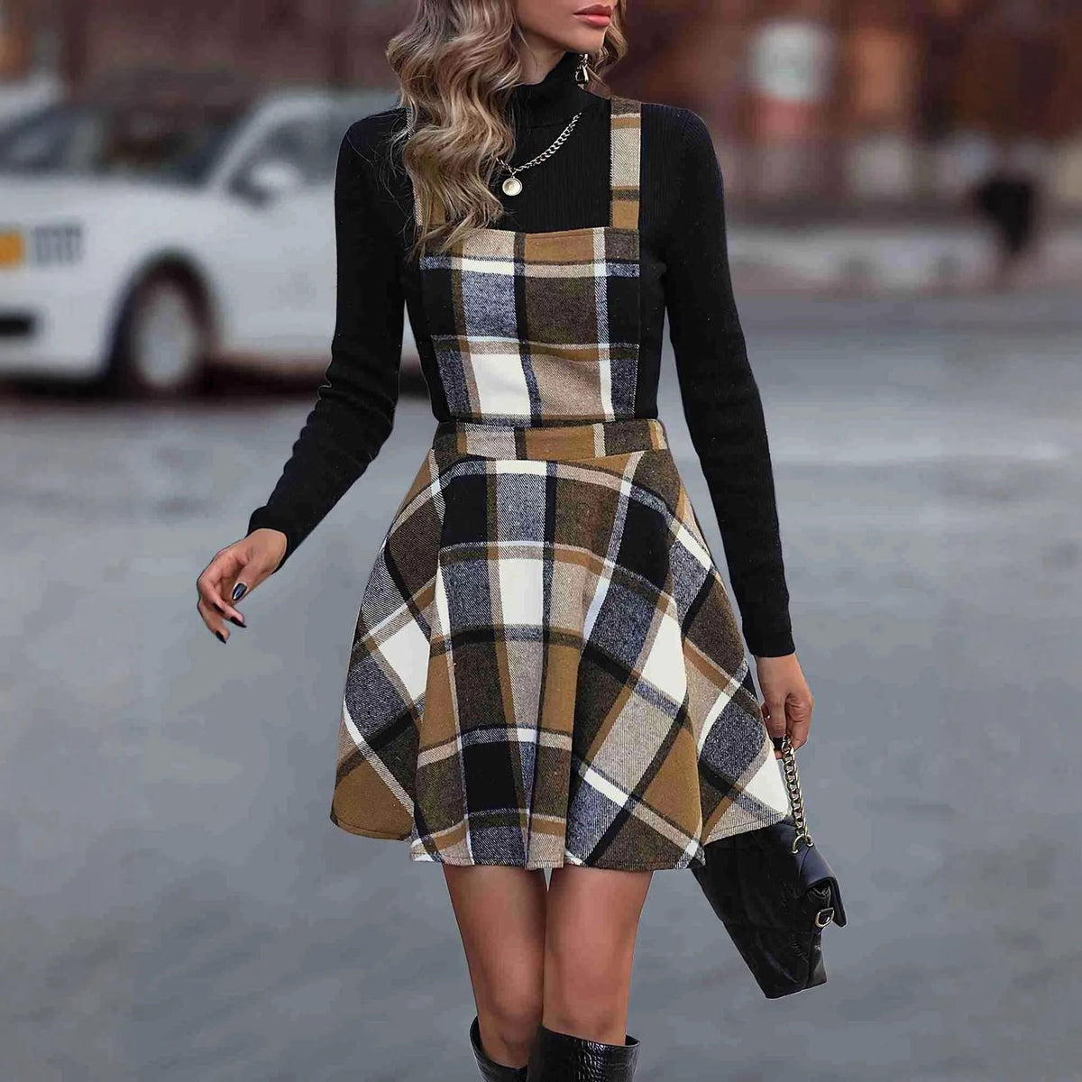 Plaid Pinafore Mini Dress – Checkered Suspender Dress with Flared A-Line Skirt and High Waist for Fall and Winter Layered Outfits