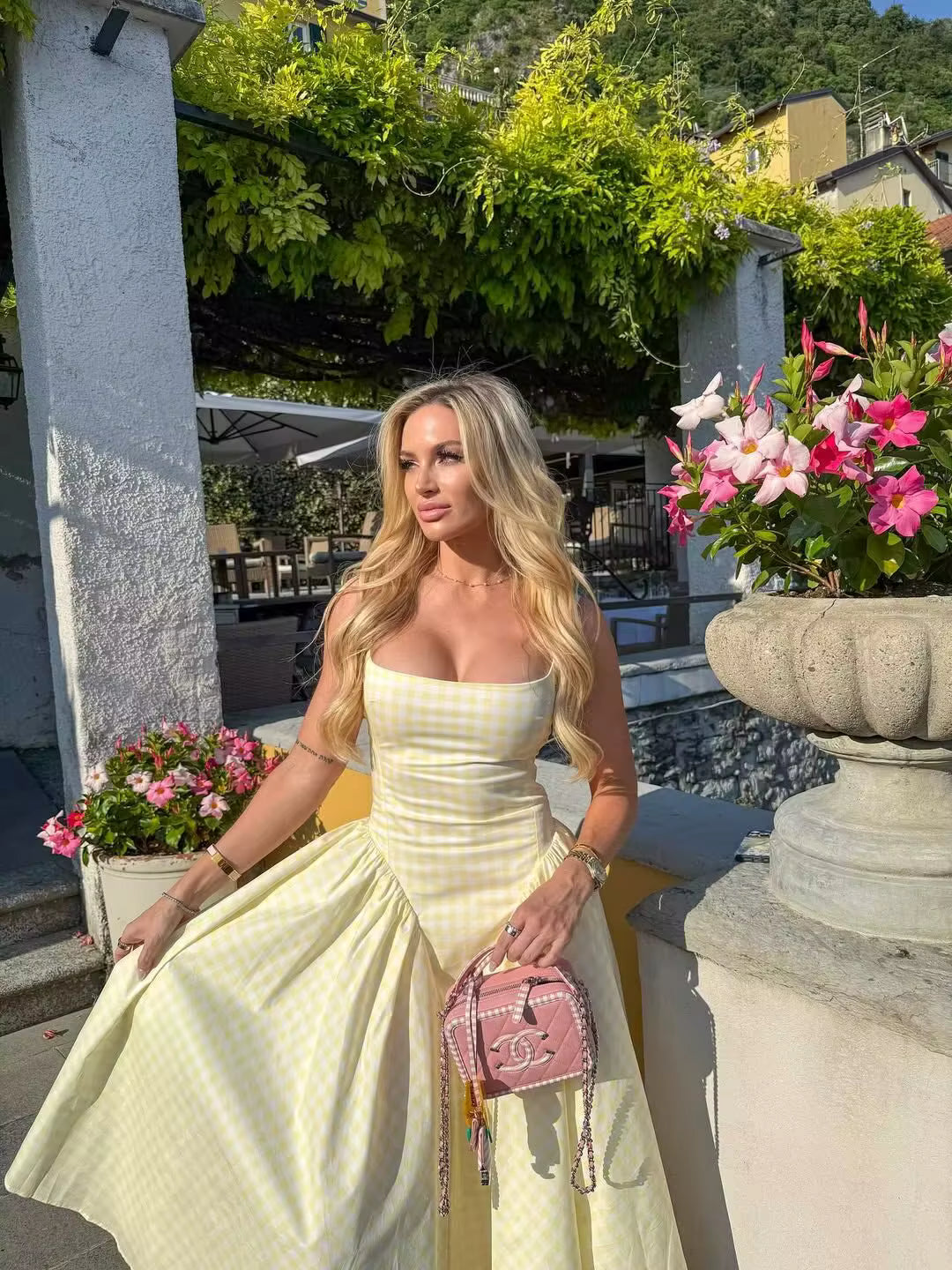 Gingham Midi Dress – Sleeveless Square Neck A-Line Dress with Wide Straps, Fitted Bodice and Full Pleated Skirt