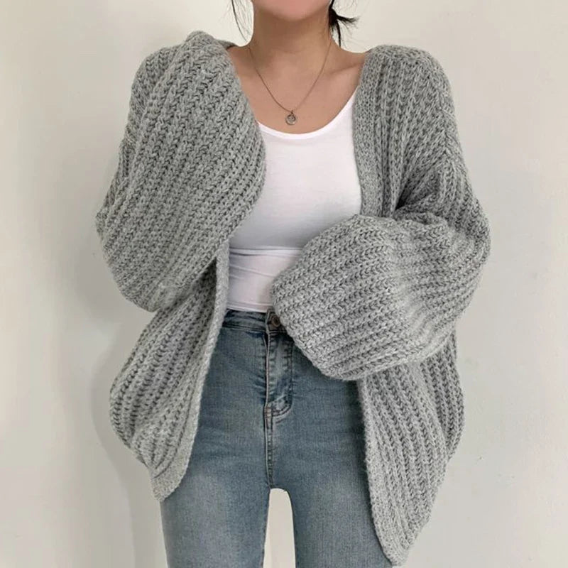 Chunky Knit Cardigan, Oversized Open Front Sweater with Balloon Sleeves and Ribbed Texture, Cozy Casual Fall Winter Layer