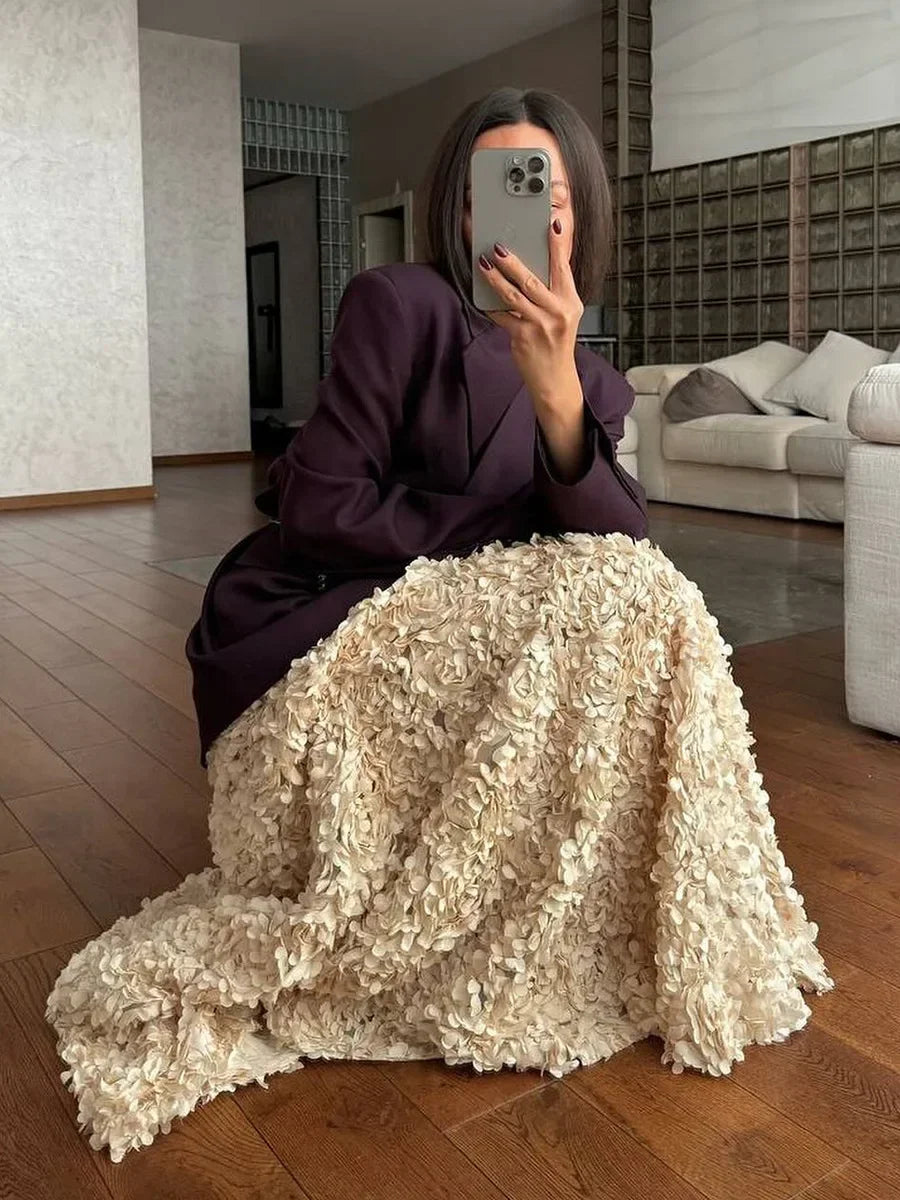 High Waisted Textured Maxi Skirt A Line Long Flared Skirt Asymmetrical Hem Boucle Style Elegant Boho Occasion Wear