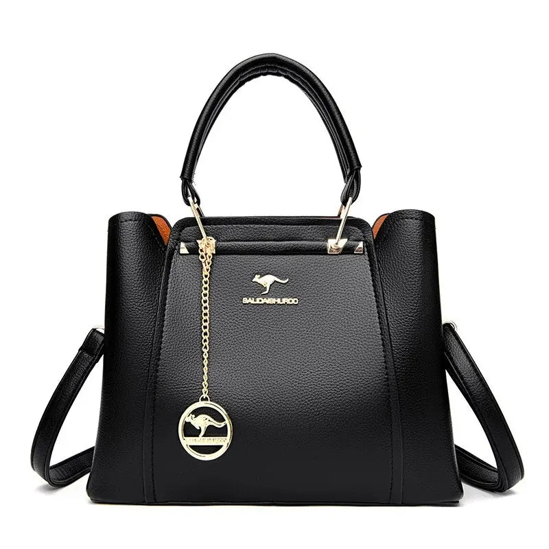 Black Tote Handbag, Elegant Faux Leather Shoulder Bag, Structured Work Purse with Top Handles, Adjustable Crossbody Strap & Charm