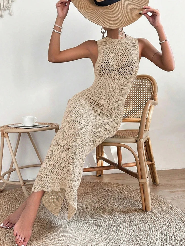 Crochet Maxi Dress – Sleeveless High Neck Knit Dress with Openwork Texture, Fitted Silhouette and Flared Hem for Beach Vacations & Resort Wear