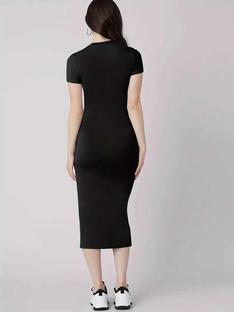 Short Sleeve Bodycon Midi Dress – Crew Neck Fitted Dress with Minimalist Design, Stretch Fabric and Elegant Slim Silhouette