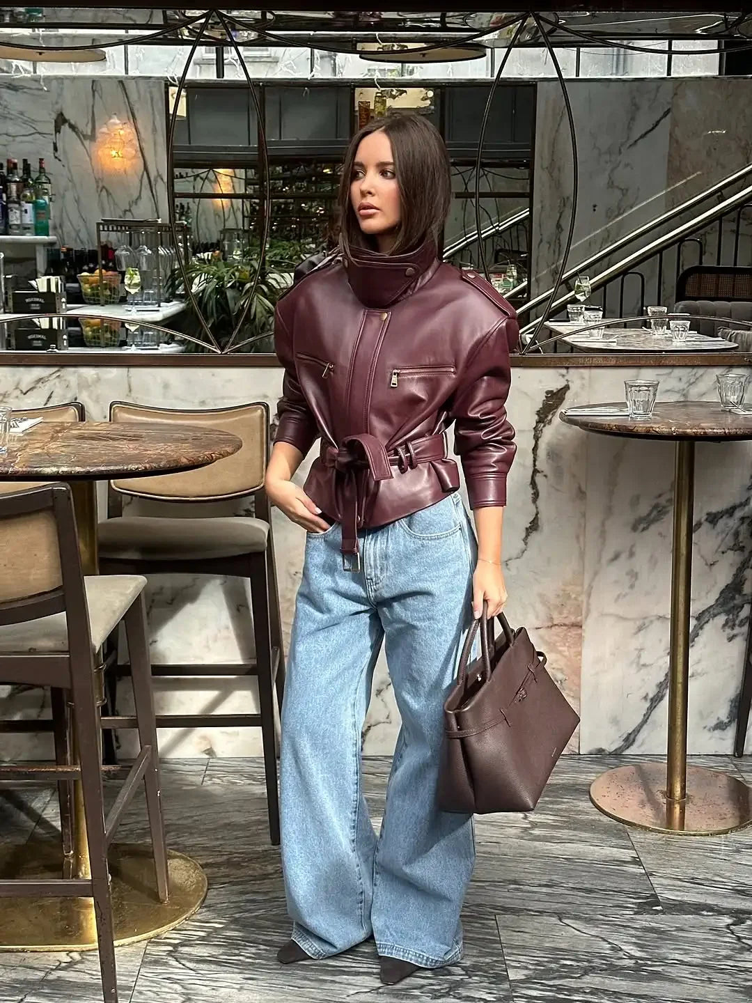 Faux Leather Biker Jacket, Belted Moto Jacket with High Neck and Utility Pockets, Structured Chic Streetwear Outerwear