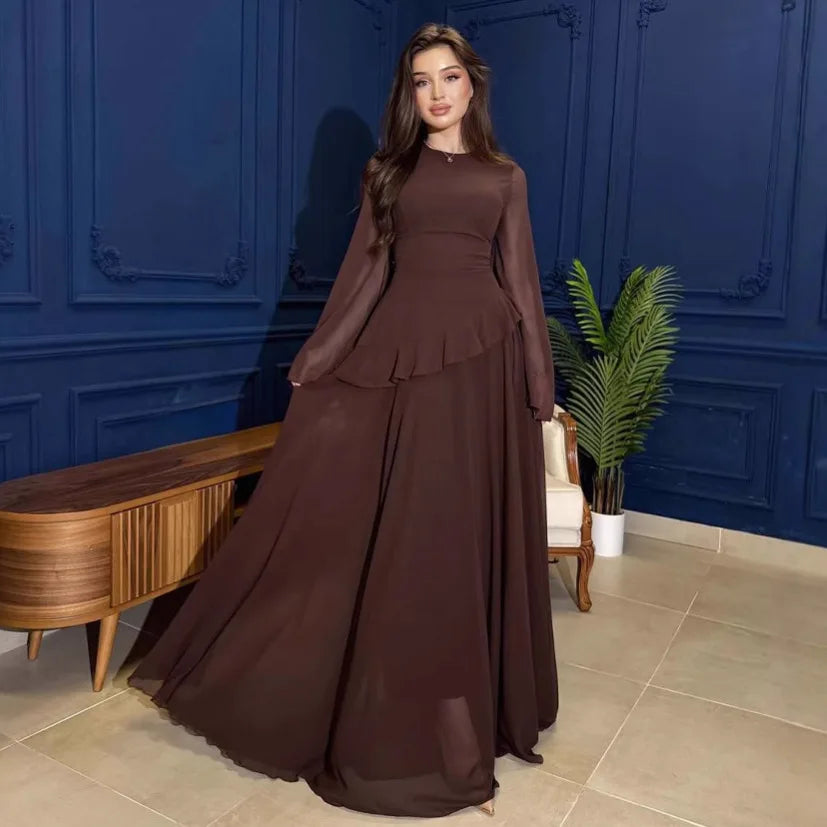 Elegant Maxi Dress – Long Sleeve Ruched Waist Gown with Draped Bodice and Flowing Floor-Length Skirt for Weddings & Formal Events