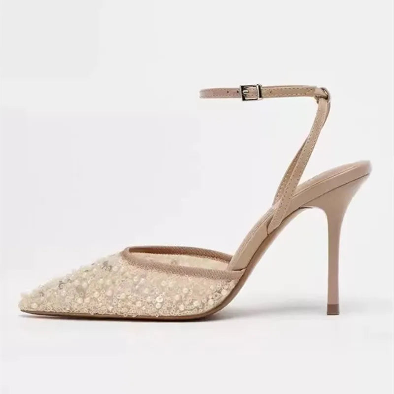Women's Rhinestone Pointed Toe Stiletto Heels – Elegant Ankle Strap Bridal Pumps for Wedding, Party, Prom & Evening Wear