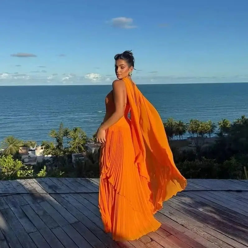 Pleated Maxi Evening Dress – Sleeveless Gown with Draped Neck Scarf, Structured Bodice, Tiered Ruffle Skirt and Elegant Flowing Silhouette
