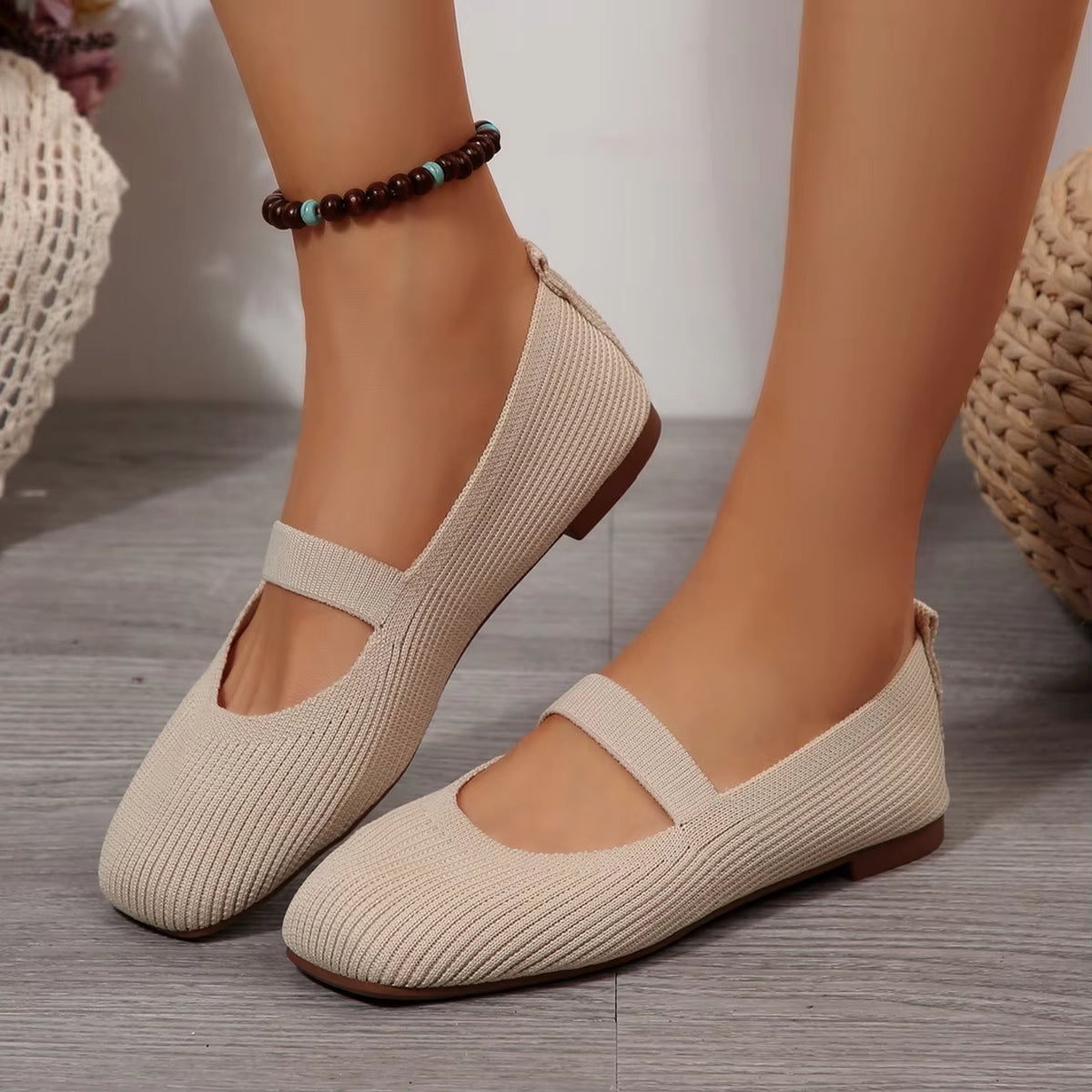 Mary Jane Knit Flats | Round Toe Ballet Shoes | Textured Slip-On Strap Flats for Everyday Wear