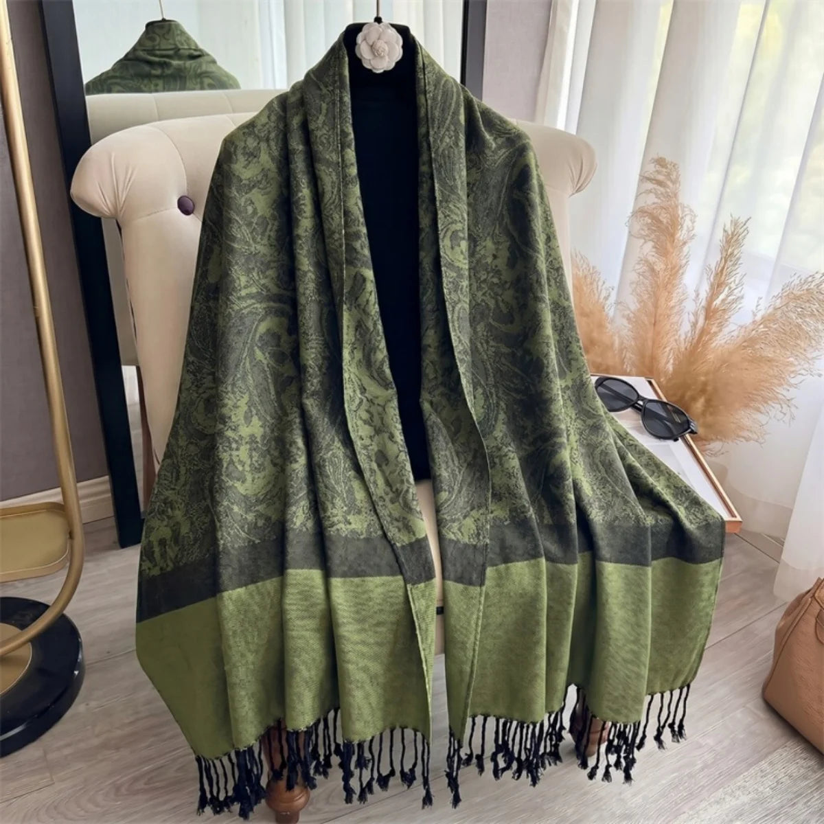 Women's Paisley Print Shawl Wrap, Ornamental Pattern Scarf with Fringed Ends, Long Shoulder Wrap for Women