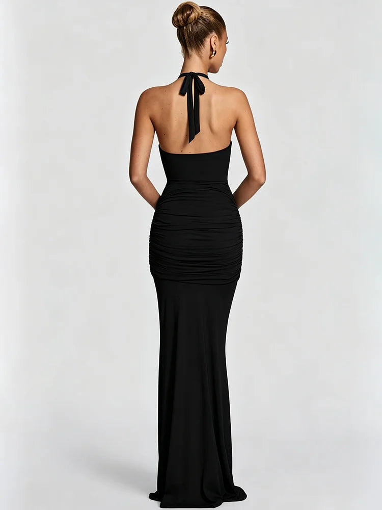 Ruched Cutout Maxi Dress – Sleeveless Halter Neck Dress with Adjustable Gathered Detail, Waist Cutouts and Mermaid Floor-Length Skirt