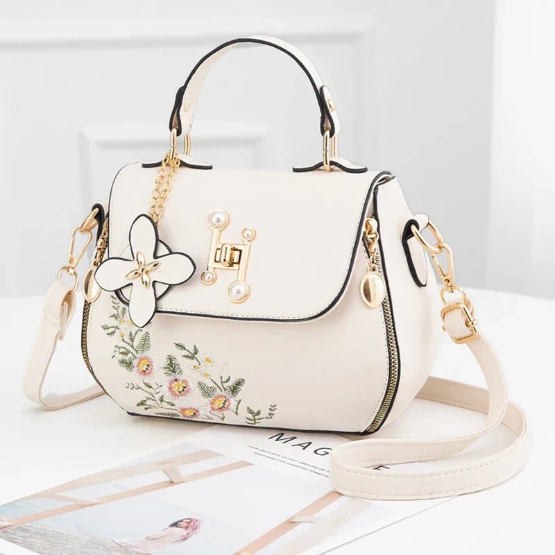 Embroidered Satchel Handbag, Elegant Top Handle Shoulder Purse with Floral Details, Structured Crossbody Bag with Adjustable Strap for Everyday Use