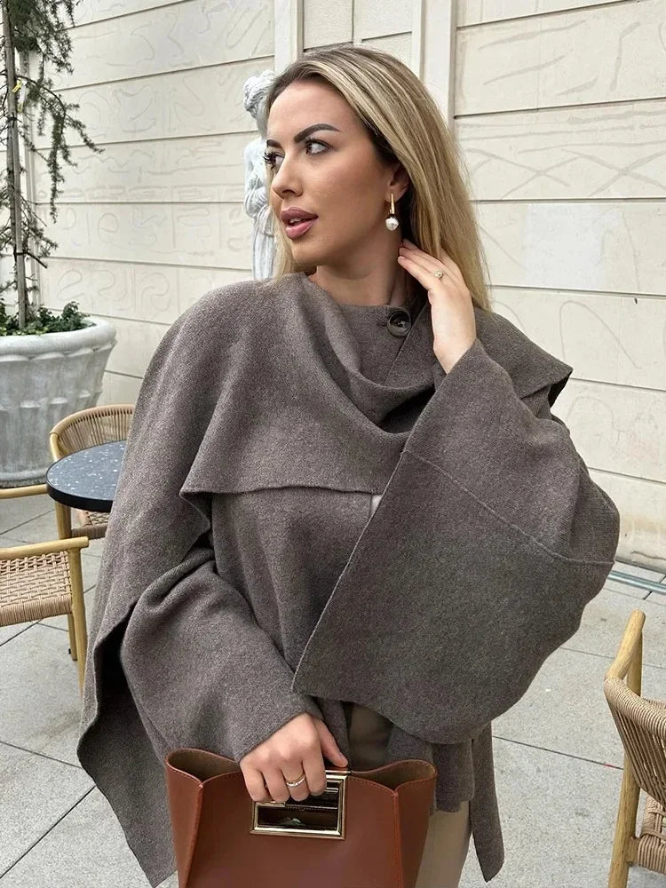 Oversized Poncho Cape Coat, High Neck Draped Sweater Jacket with Wide Sleeves, Cozy Fall Winter Outerwear