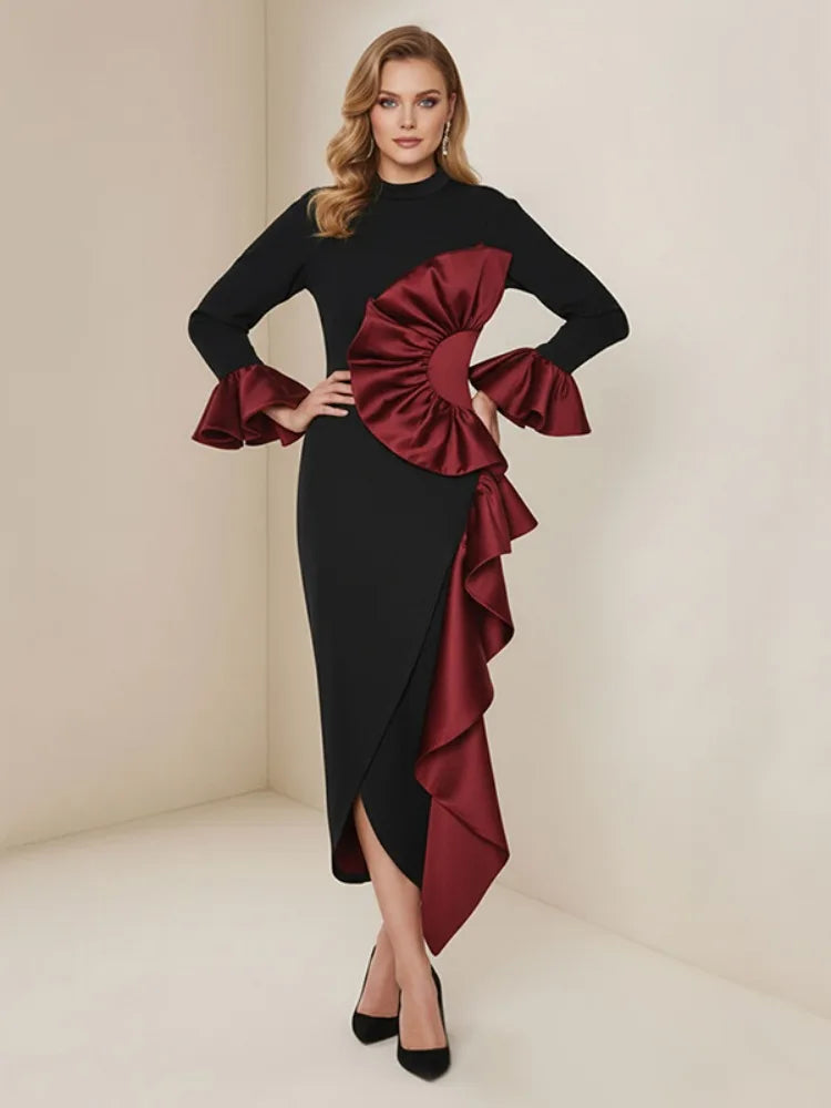Ruffle Midi Dress – Long Sleeve Bodycon Dress with Draped Waist, Statement Ruffles and Asymmetrical Hem for Cocktail Parties & Events