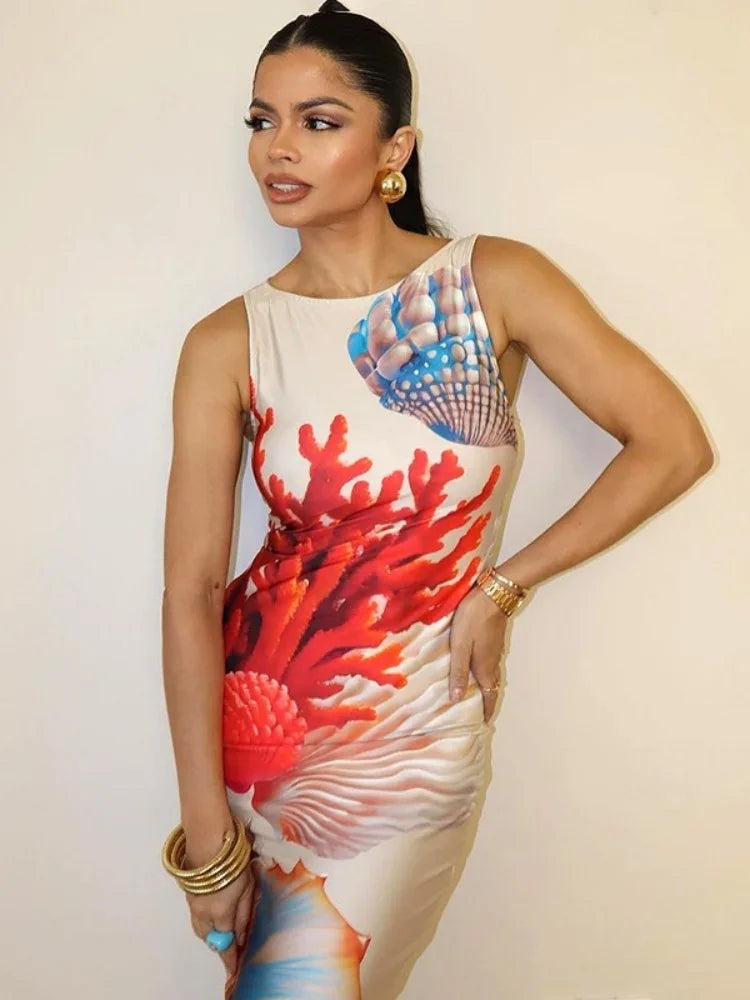 Floral Maxi Dress – Sleeveless Bodycon Dress with High Neck, Side Slit and Artistic Botanical Print for Vacations, Brunch & Summer Events