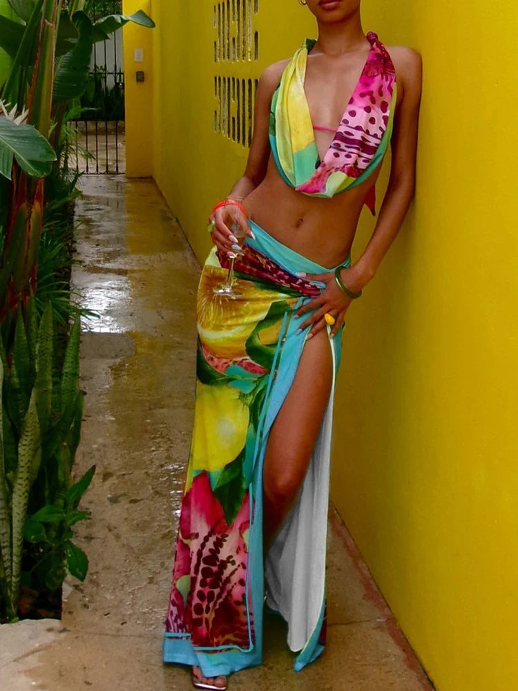 Halter Crop Top & High Waist Wrap Skirt Co-Ord Set | Tropical Print Two Piece Outfit | Chic Vacation, Beach & Resort Matching Set