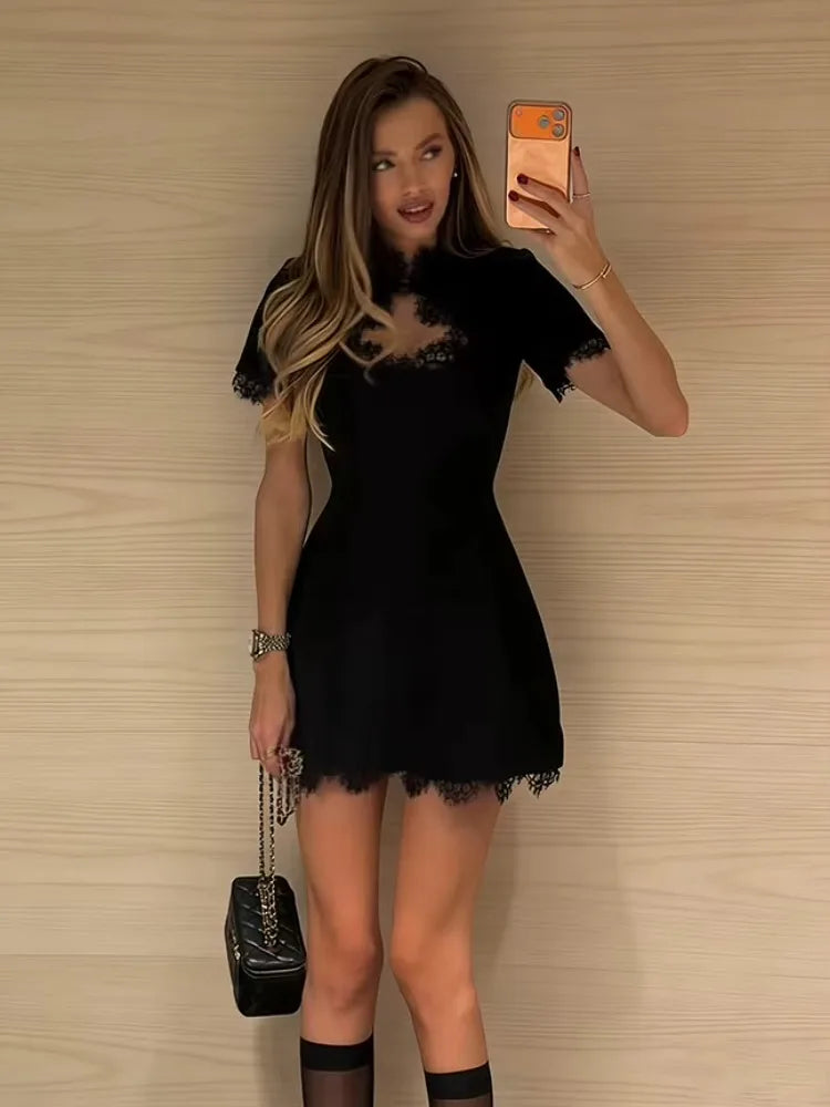 Lace Trim Mini Dress – Short Sleeve A-Line Dress with Round Neck, Fitted Waist, Lace Hem and Feminine Silhouette for Parties & Events