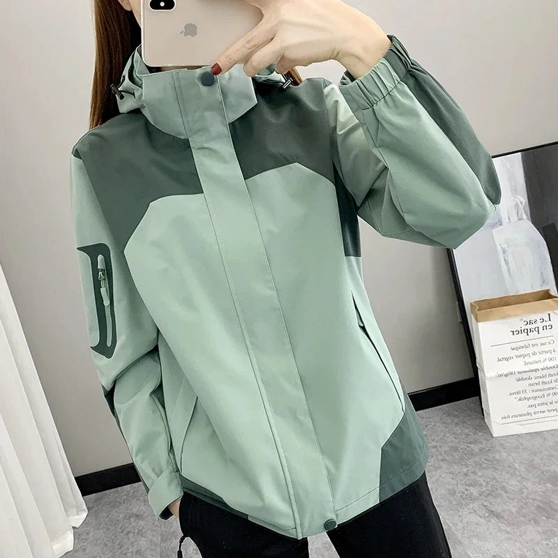 Hooded Windbreaker Jacket, Lightweight Zip-Up Outdoor Jacket with High Collar, Elastic Cuffs and Utility Pockets, Casual Activewear